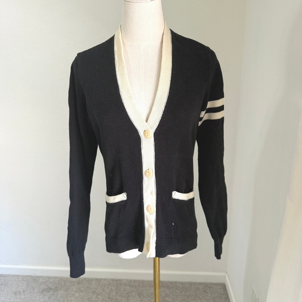 Vtg Ralph Lauren Rugby Womens Black Varsity Cardigan Small Preppy Collegiate